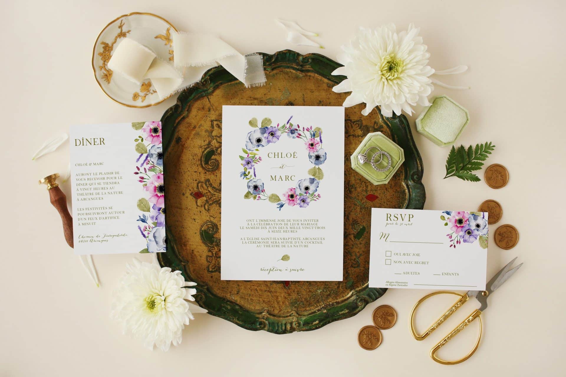 Papeterie de mariage illustrée Maison Célestine – faire-part et enveloppe assortie