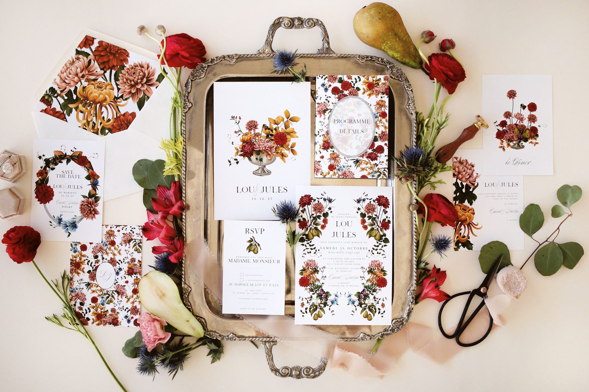 Mise en page complète d’un faire-part de mariage illustré, collection Maison Célestine