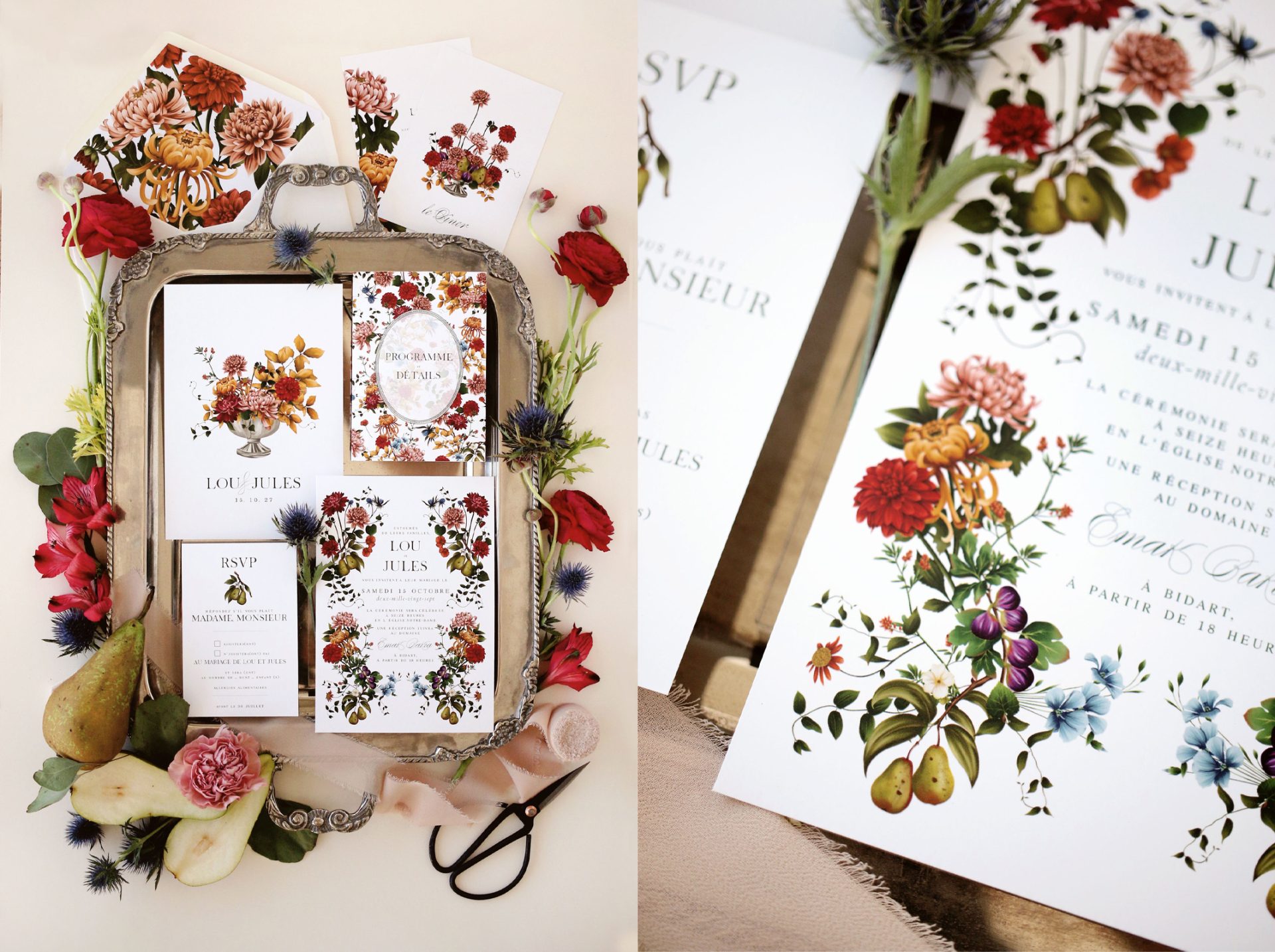 Mise en page complète d’un faire-part de mariage illustré, collection Maison Célestine