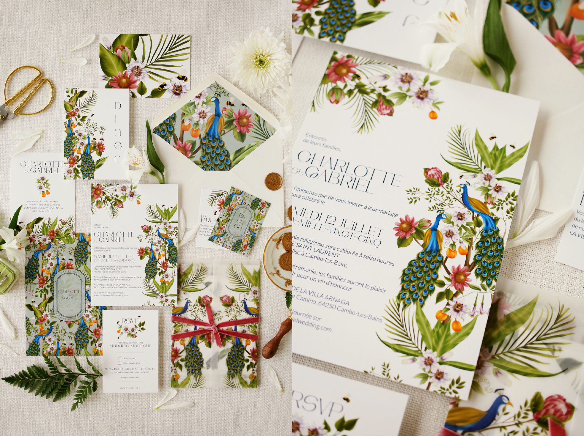 Collection de papeterie de mariage raffinée avec illustration florale et typographie élégante