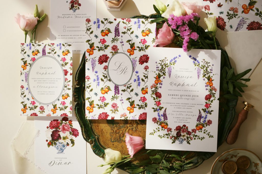 Papeterie de mariage illustrée Maison Célestine – faire-part et enveloppe assortie