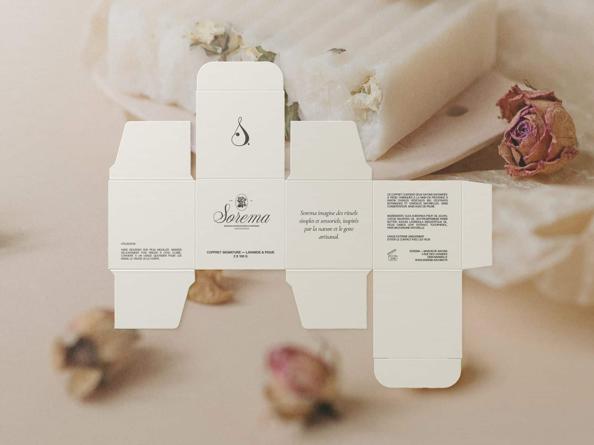 identité visuelle de la marque de savons Sorema – branding artisanal et poétique