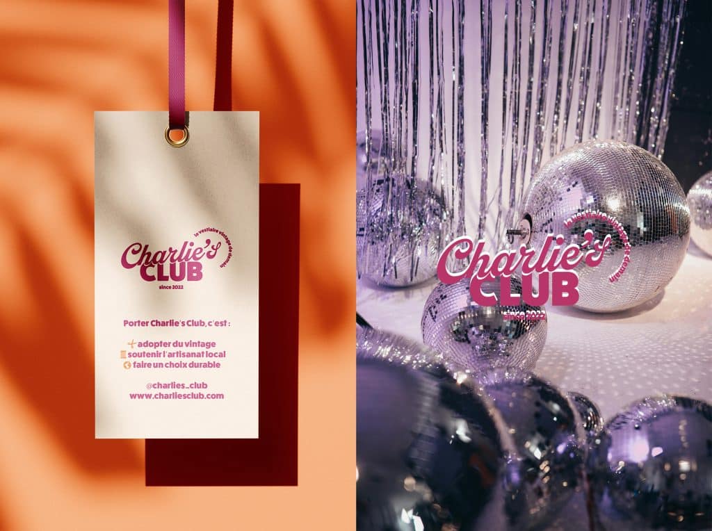 Identité visuelle Charlie’s Club – marque de vêtements vintage upcyclés, logo coloré et supports imprimés par le studio Rhoedaé