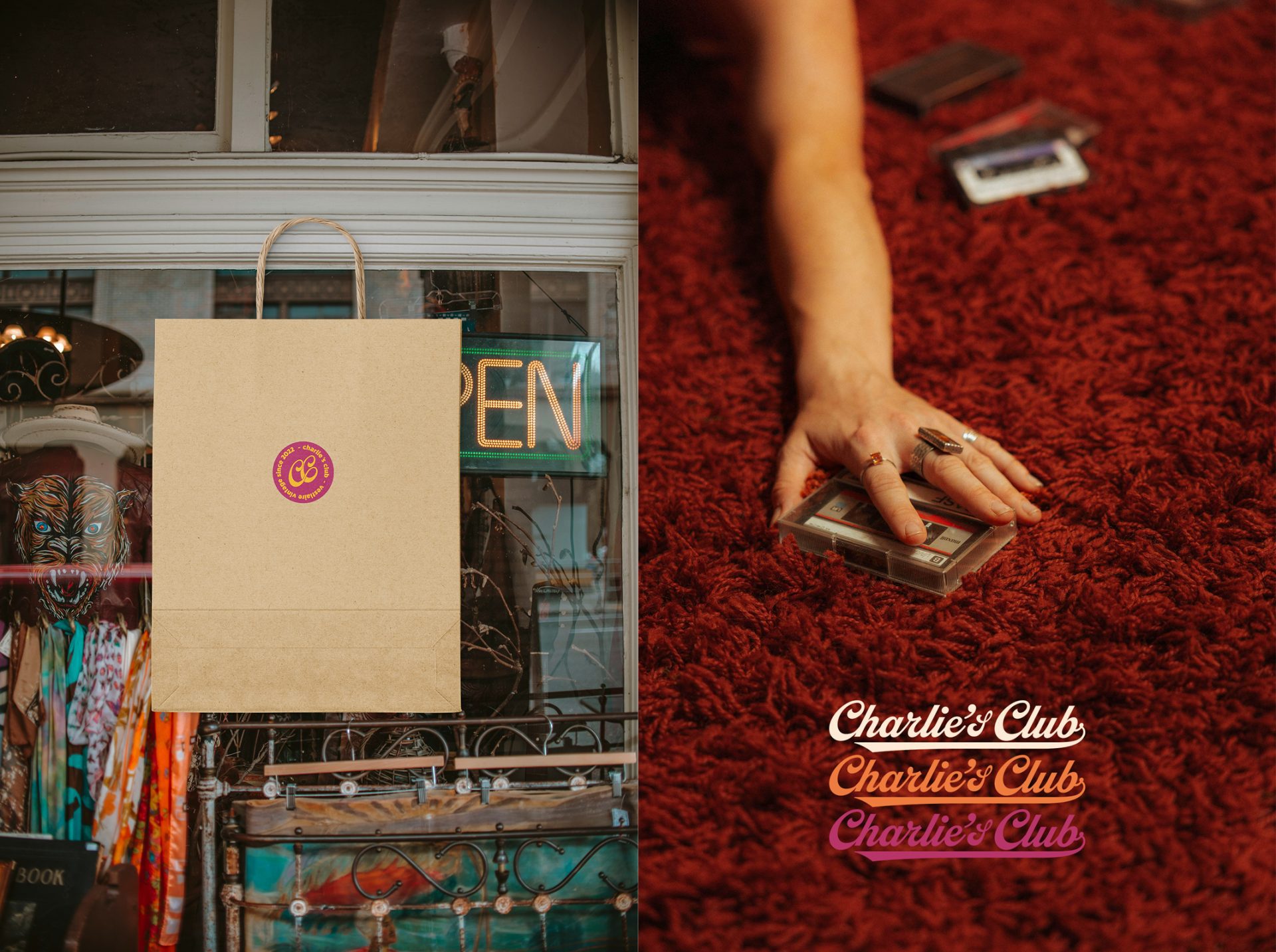 Identité visuelle Charlie’s Club – marque de vêtements vintage upcyclés, logo coloré et supports imprimés par le studio Rhoedaé