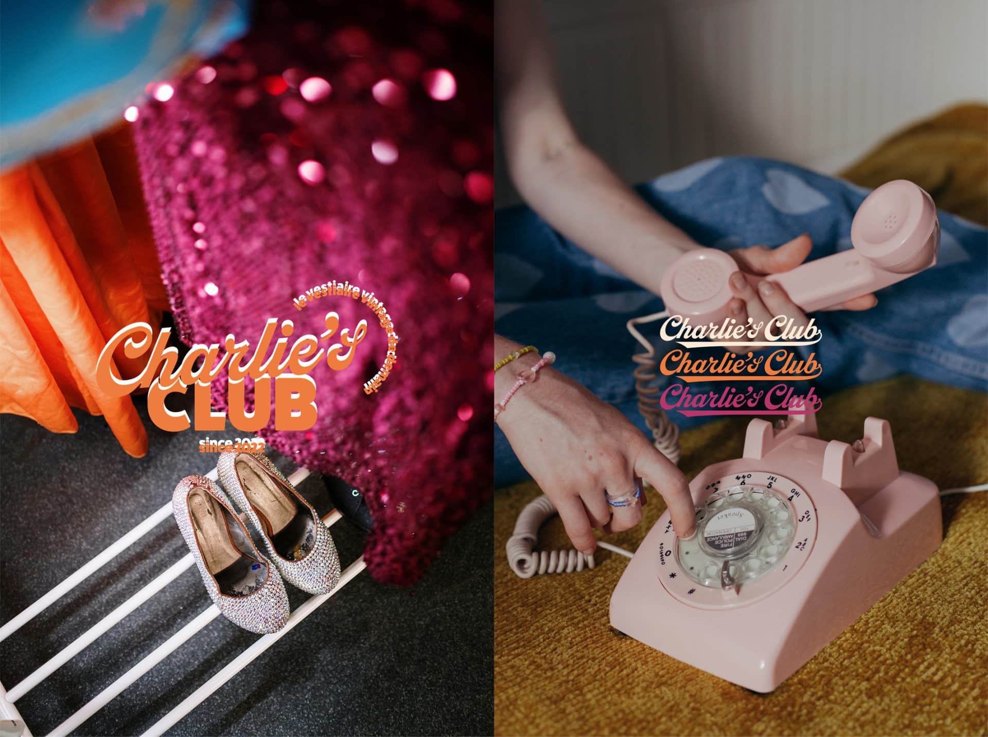 Identité visuelle Charlie’s Club – marque de vêtements vintage upcyclés, logo coloré et supports imprimés par le studio Rhoedaé