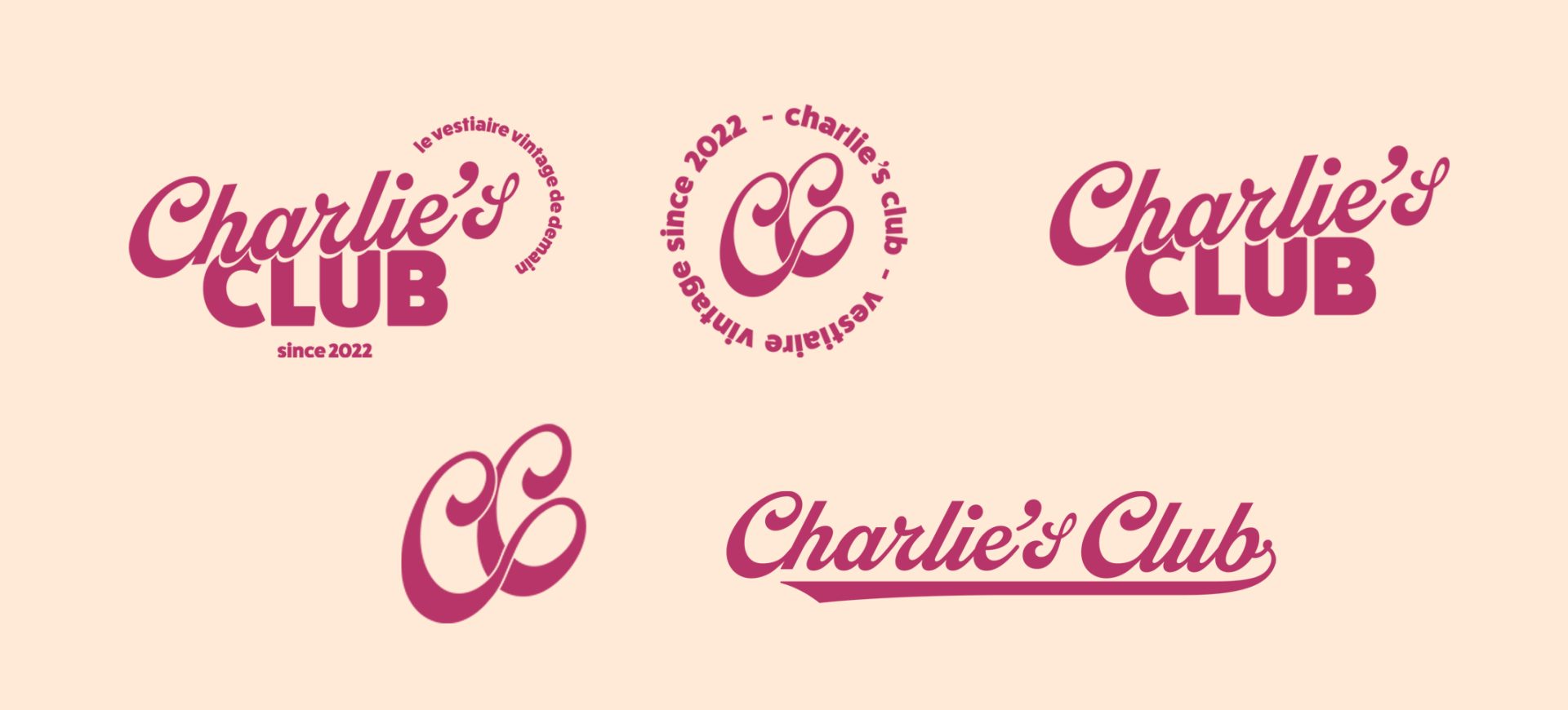 Identité visuelle Charlie’s Club – marque de vêtements vintage upcyclés, logo coloré et supports imprimés par le studio Rhoedaé