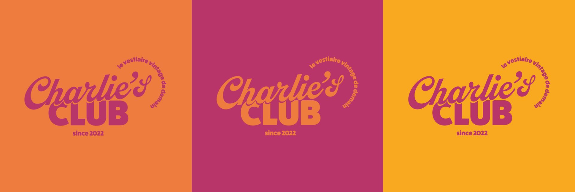 Identité visuelle Charlie’s Club – marque de vêtements vintage upcyclés, logo coloré et supports imprimés par le studio Rhoedaé