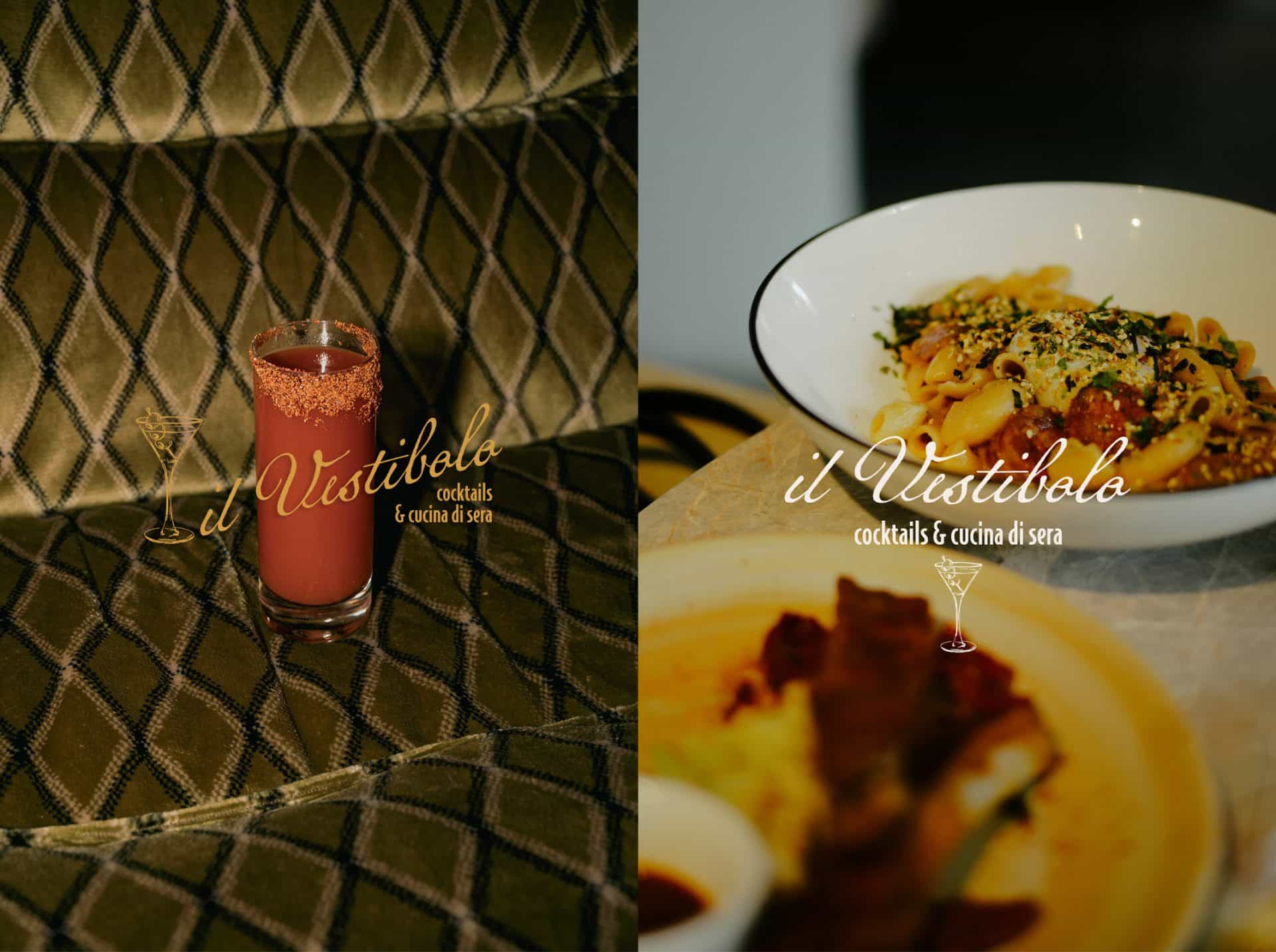 Identité visuelle du restaurant italien Il Vestibolo : logo, palette de couleurs chaleureuses, typographie élégante et supports imprimés (menu, carte de visite, vitrine). Un projet fictif signé Rhoedaé.