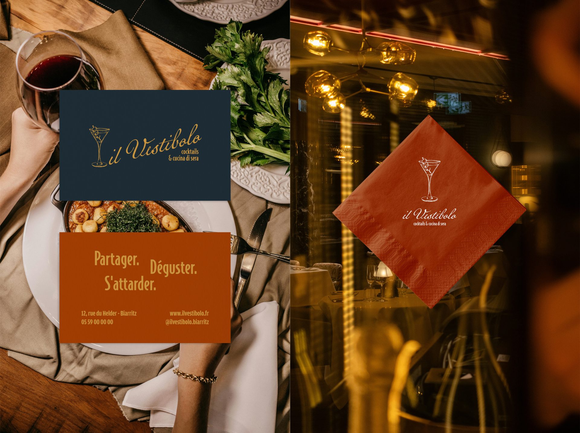 Identité visuelle du restaurant italien Il Vestibolo : logo, palette de couleurs chaleureuses, typographie élégante et supports imprimés (menu, carte de visite, vitrine). Un projet fictif signé Rhoedaé.