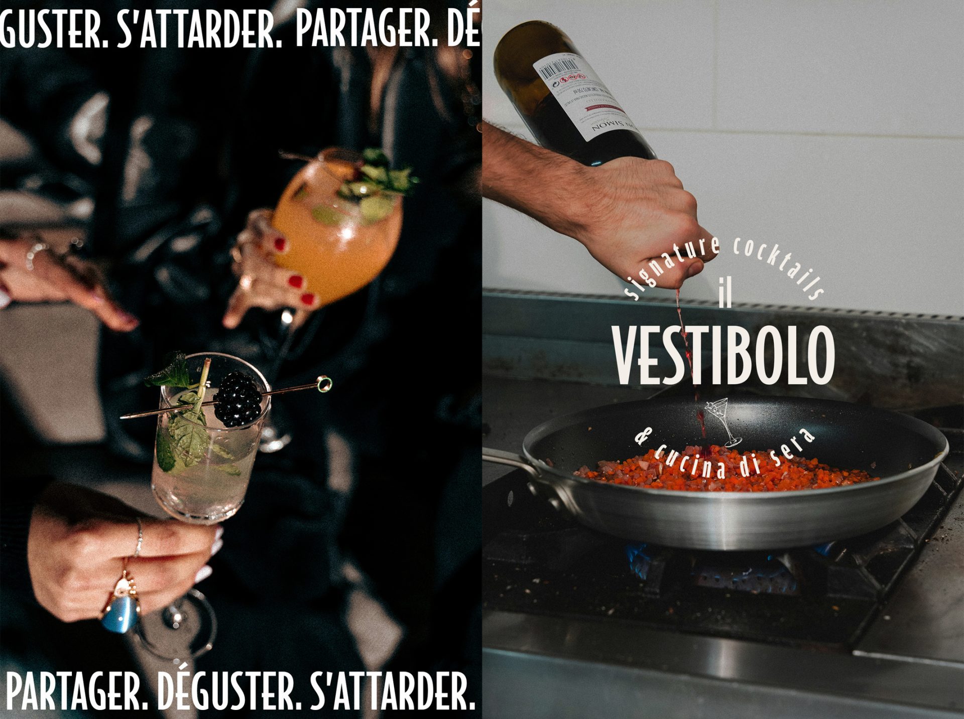 Identité visuelle du restaurant italien Il Vestibolo : logo, palette de couleurs chaleureuses, typographie élégante et supports imprimés (menu, carte de visite, vitrine). Un projet fictif signé Rhoedaé.