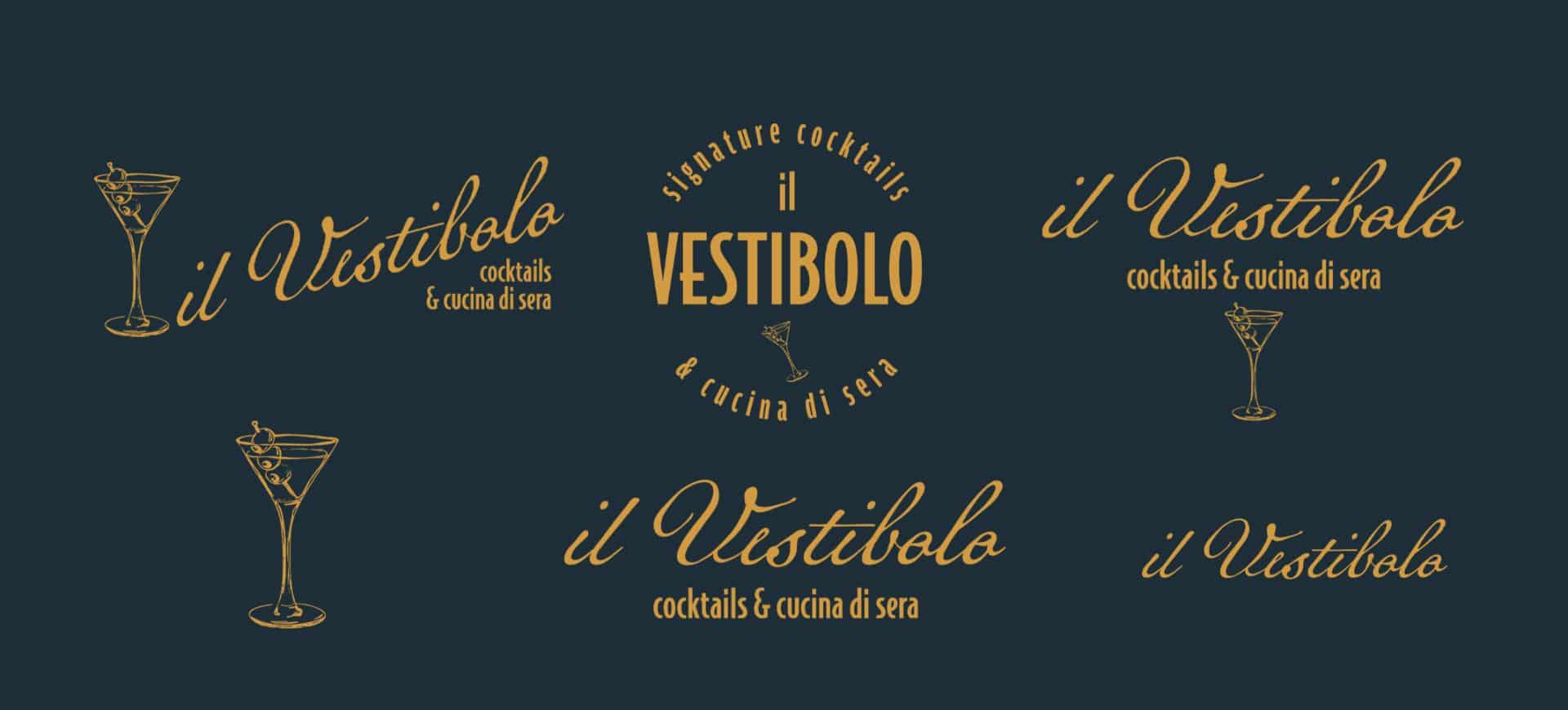 Identité visuelle du restaurant italien Il Vestibolo : logo, palette de couleurs chaleureuses, typographie élégante et supports imprimés (menu, carte de visite, vitrine). Un projet fictif signé Rhoedaé.