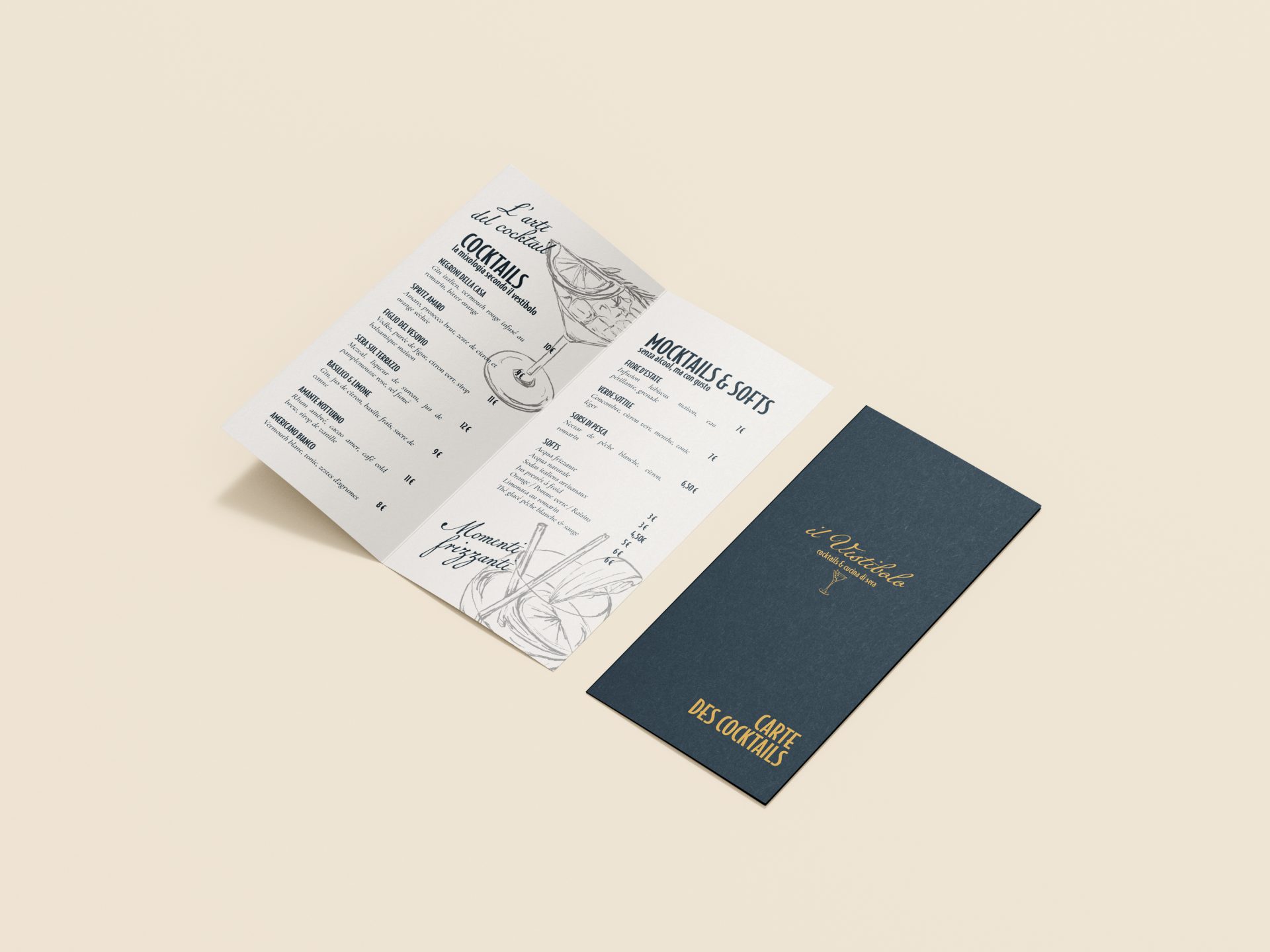 Identité visuelle du restaurant italien Il Vestibolo : logo, palette de couleurs chaleureuses, typographie élégante et supports imprimés (menu, carte de visite, vitrine). Un projet fictif signé Rhoedaé.