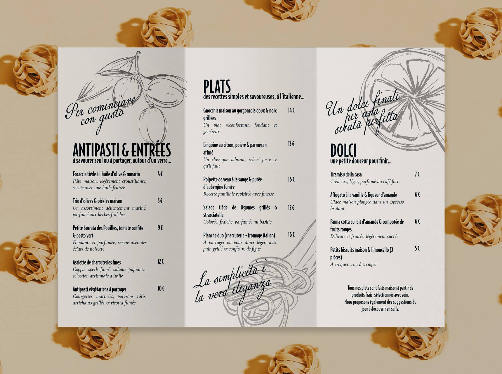 Identité visuelle du restaurant italien Il Vestibolo : logo, palette de couleurs chaleureuses, typographie élégante et supports imprimés (menu, carte de visite, vitrine). Un projet fictif signé Rhoedaé.