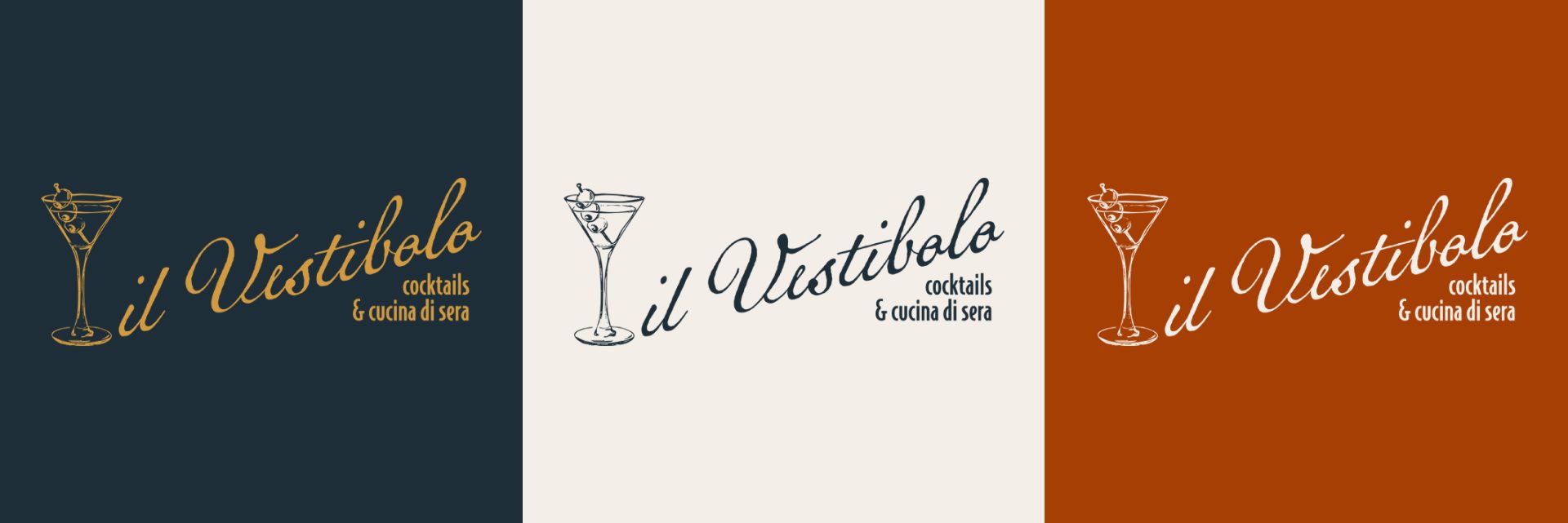 Identité visuelle du restaurant italien Il Vestibolo : logo, palette de couleurs chaleureuses, typographie élégante et supports imprimés (menu, carte de visite, vitrine). Un projet fictif signé Rhoedaé.