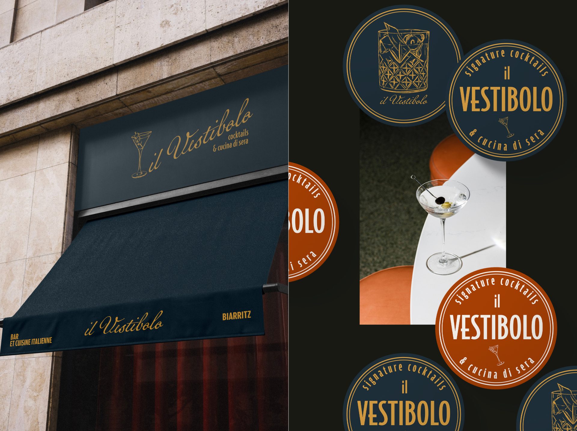 Identité visuelle du restaurant italien Il Vestibolo : logo, palette de couleurs chaleureuses, typographie élégante et supports imprimés (menu, carte de visite, vitrine). Un projet fictif signé Rhoedaé.