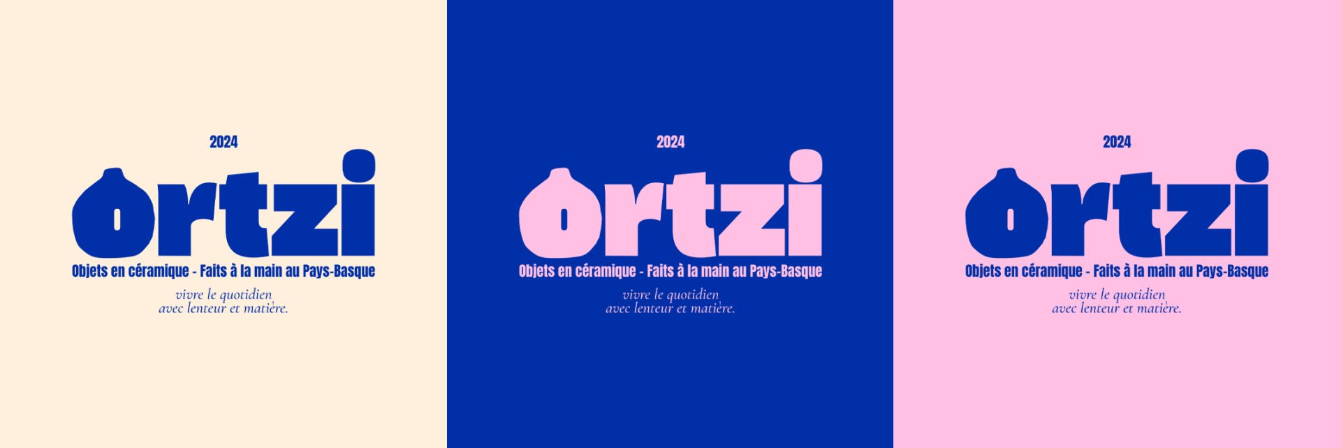 Ortzi – Identité visuelle pour céramiste créée par le studio Rhoedaé, rose sur fond bleu, style brut et contemporain.