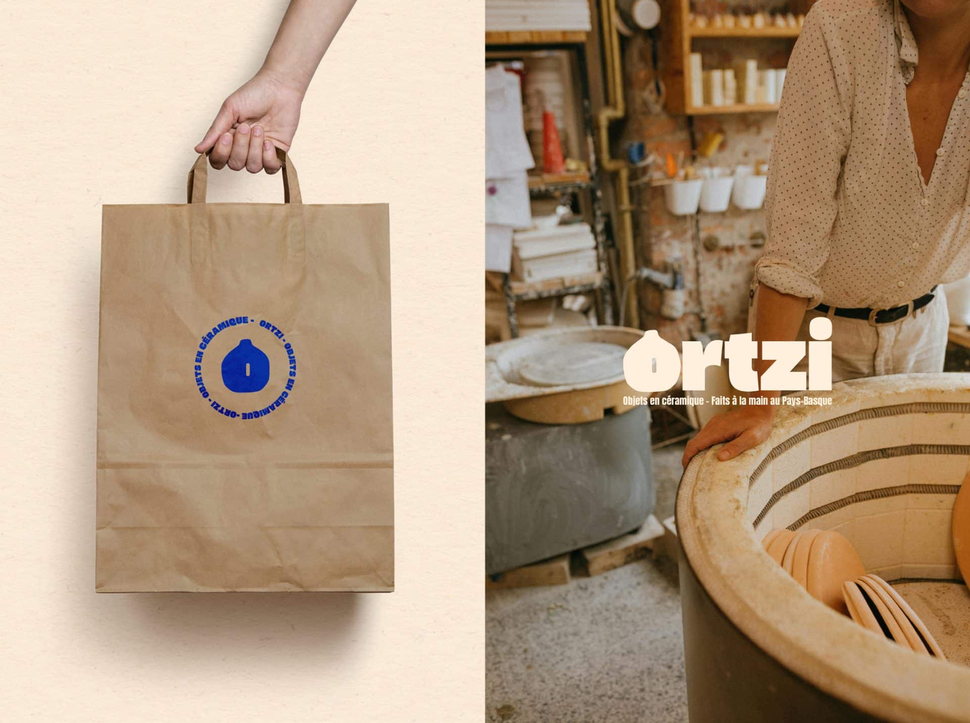 Ortzi – Identité visuelle pour céramiste créée par le studio Rhoedaé, rose sur fond bleu, style brut et contemporain.