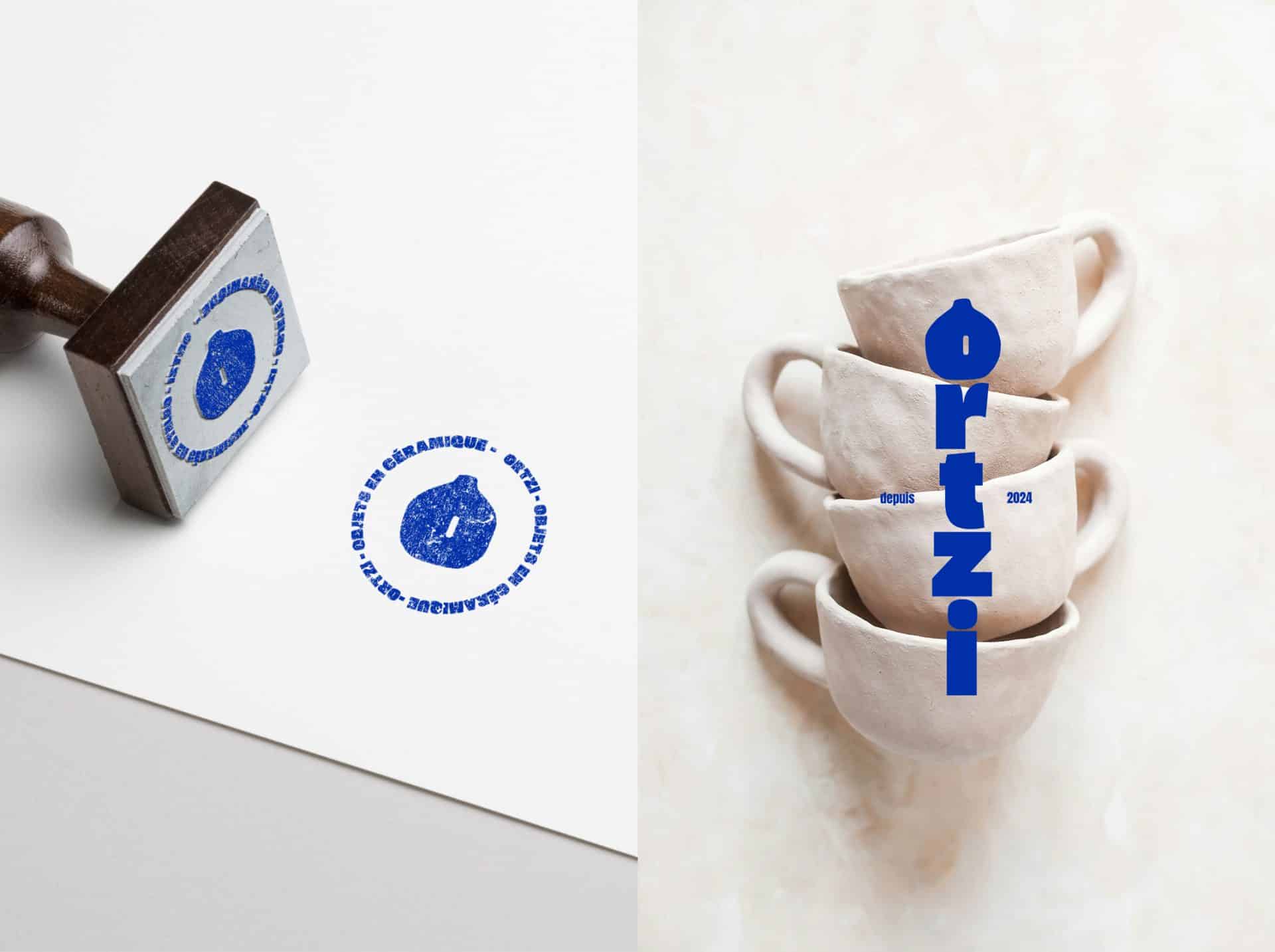 Ortzi – Identité visuelle pour céramiste créée par le studio Rhoedaé, rose sur fond bleu, style brut et contemporain.
