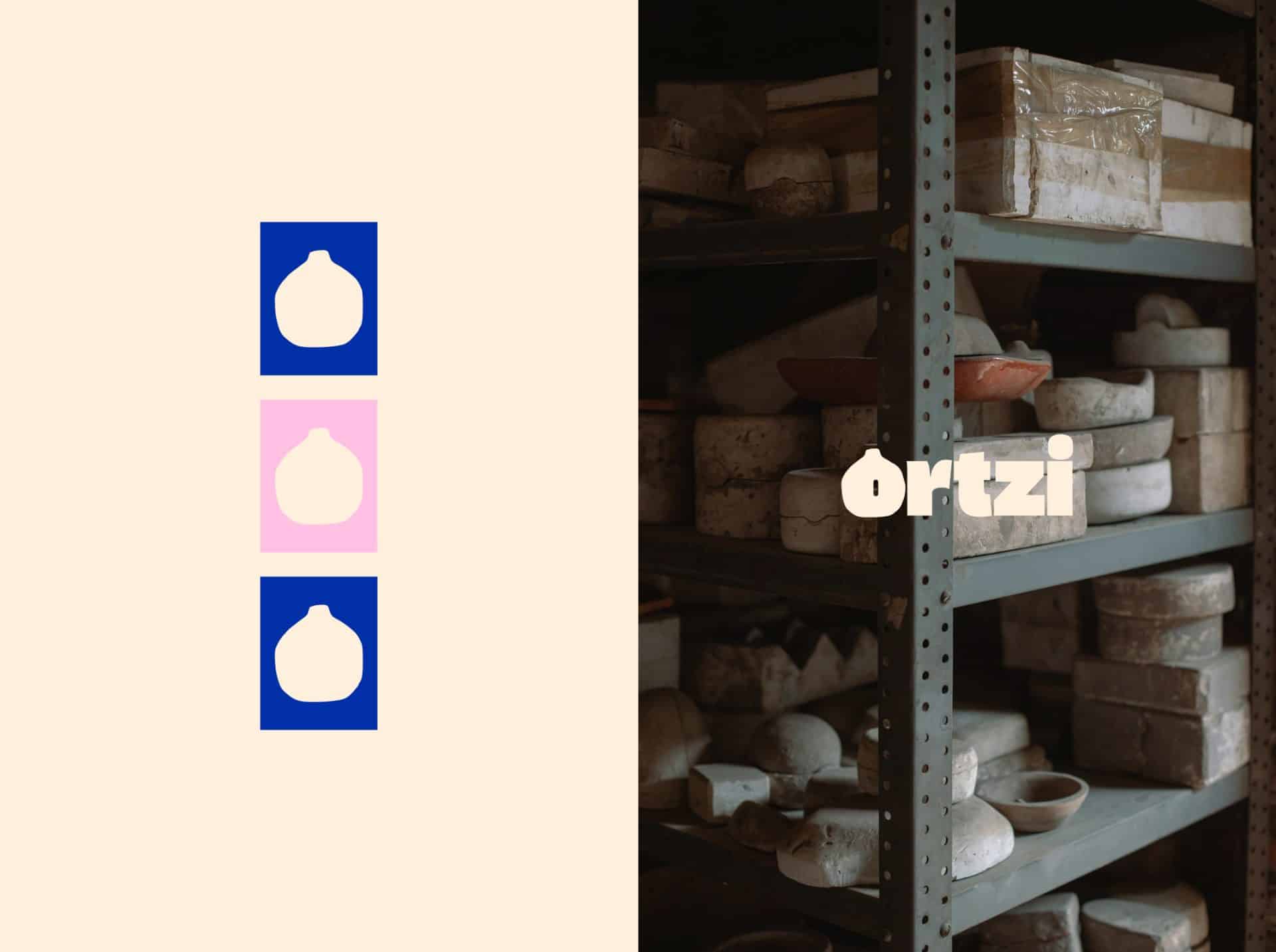 Ortzi – Identité visuelle pour céramiste créée par le studio Rhoedaé, rose sur fond bleu, style brut et contemporain.