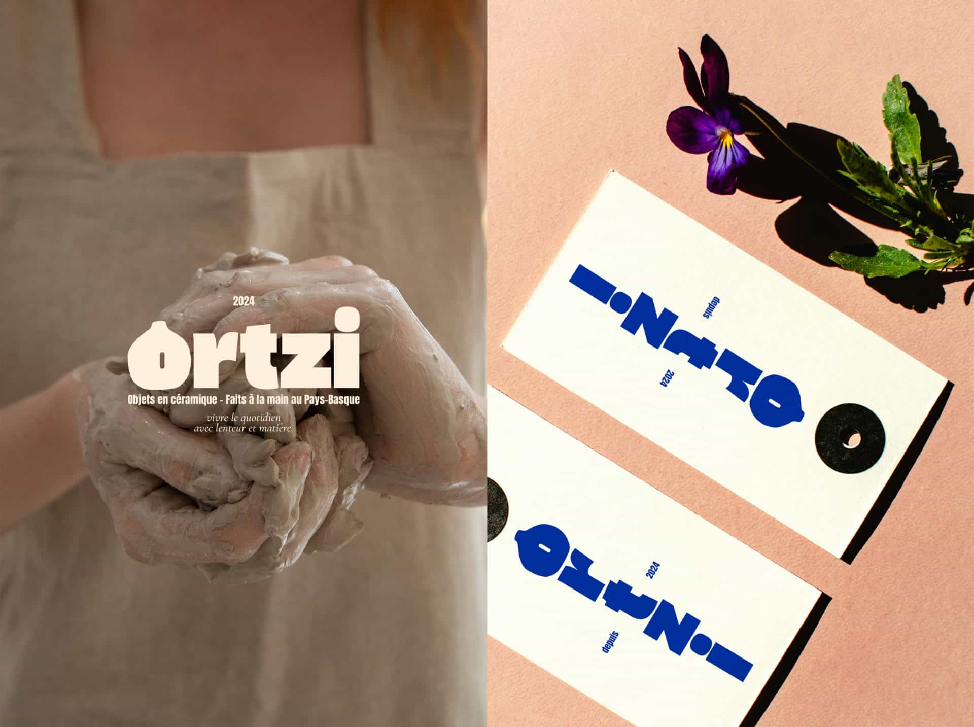 Ortzi – Identité visuelle pour céramiste créée par le studio Rhoedaé, rose sur fond bleu, style brut et contemporain.