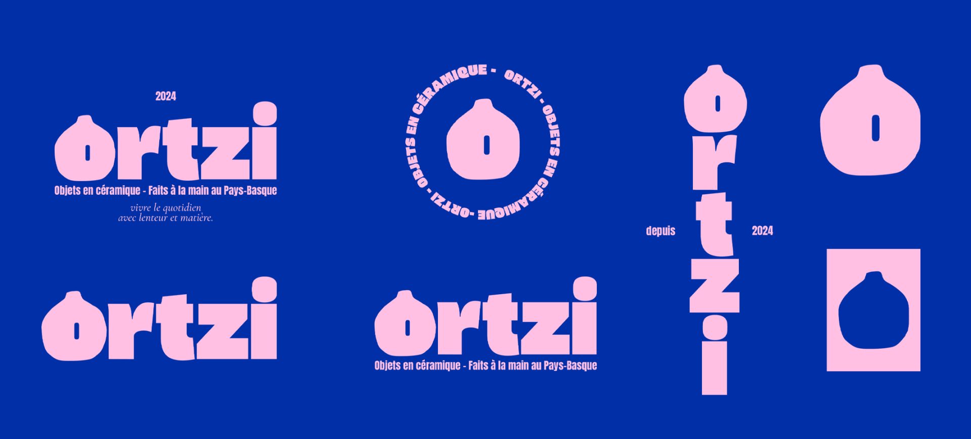 Ortzi – Identité visuelle pour céramiste créée par le studio Rhoedaé, rose sur fond bleu, style brut et contemporain.